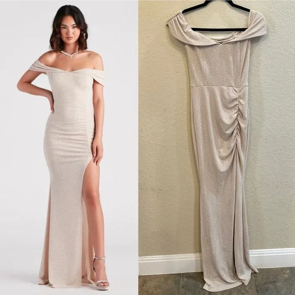 Windsor Medium Champagne Gold Glitter Off The Shoulder Evening Formal Gown Dress - Picture 1 of 7